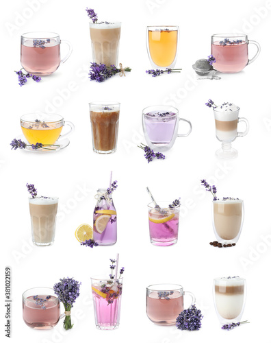 Set of different drinks with lavender on white background