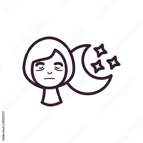 woman cartoon with insomnia and moon line style icon vector design