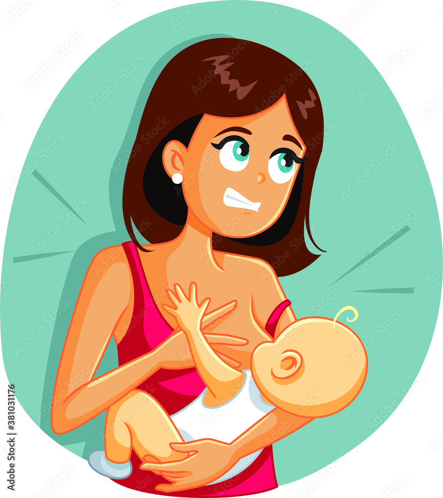 Baby Biting Mom While Breastfeeding Funny Cartoon Illustration