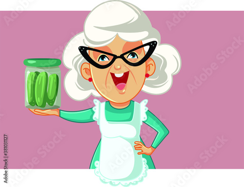 Happy Grandmother Holding a Jar of Pickles
