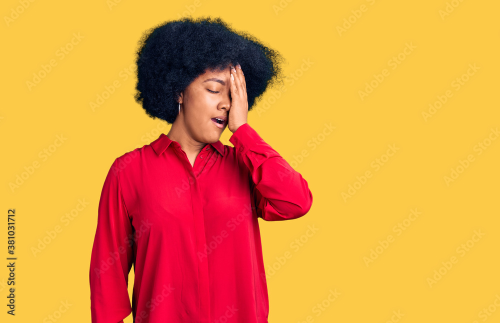 Young african american girl wearing casual clothes yawning tired covering half face, eye and mouth with hand. face hurts in pain. Young african american girl wearing casual clothes yawning tired covering half face, eye and mouth with hand. face hurts in pain.