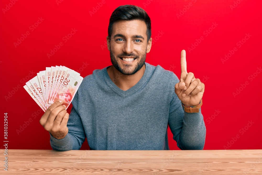 Handsome hispanic man holding israel shekels smiling with an idea or question pointing finger with happy face, number one Handsome hispanic man holding israel shekels smiling with an idea or question pointing finger with happy face, number one
