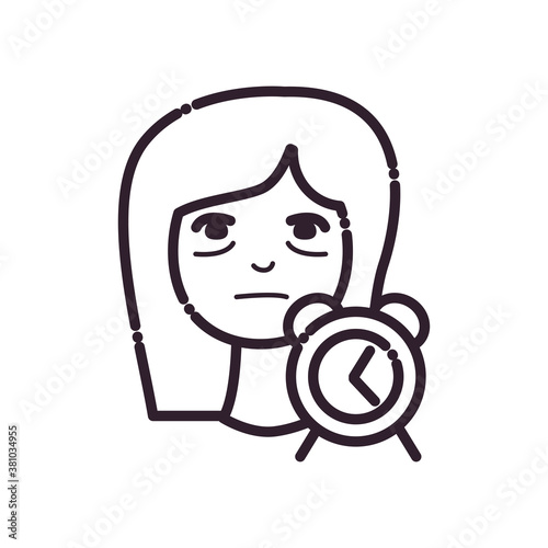 woman cartoon with insomnia and clock line style icon vector design