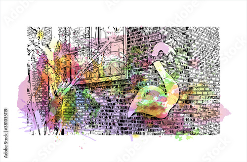 Building view with landmark of Baton Rouge is a city on the Mississippi River, and the capital of Louisiana. Watercolor splash with hand drawn sketch illustration in vector.