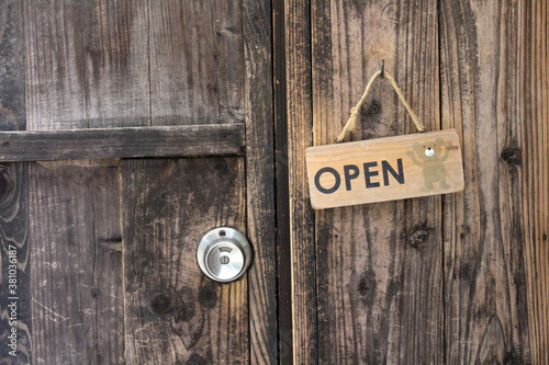 Japanese wooden door sign saying open.