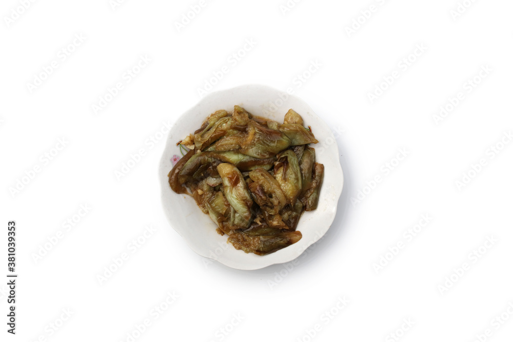 A dish of braised eggplant on a white background A dish of braised eggplant on a white background