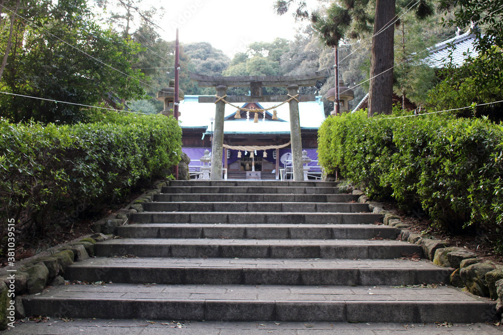 Stairs and torii gate of Honoohonome Jinja Shrine in Beppu