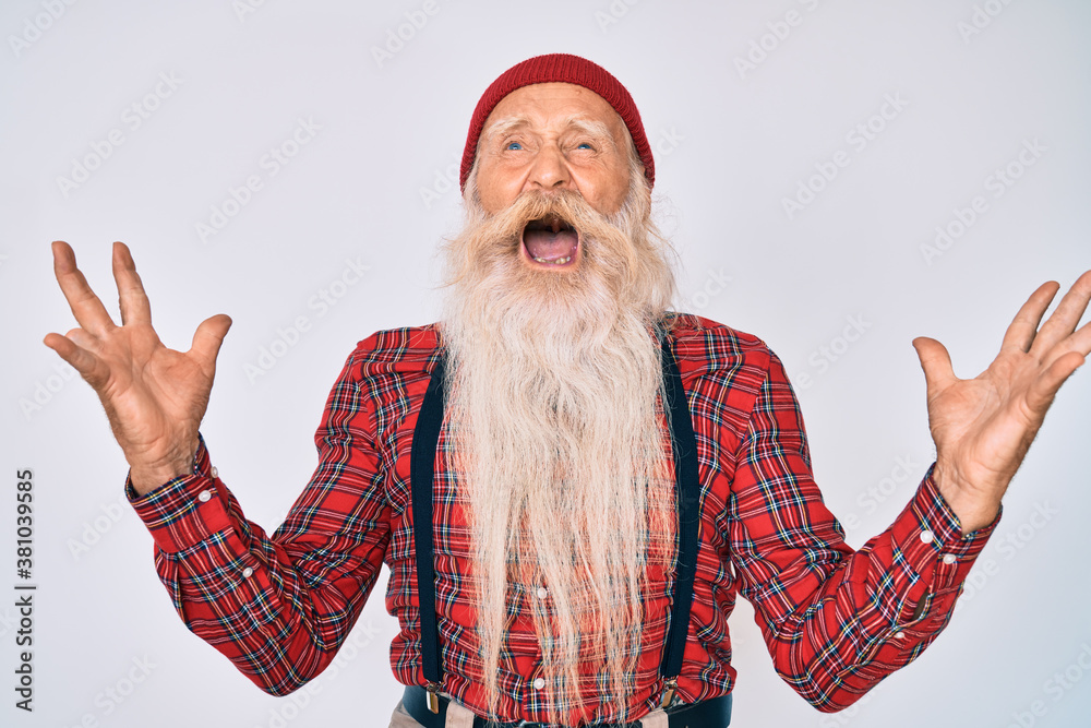Φωτογραφία Old senior man with grey hair and long beard wearing hipster look with wool cap celebrating mad and crazy for success with arms raised and closed eyes screaming excited