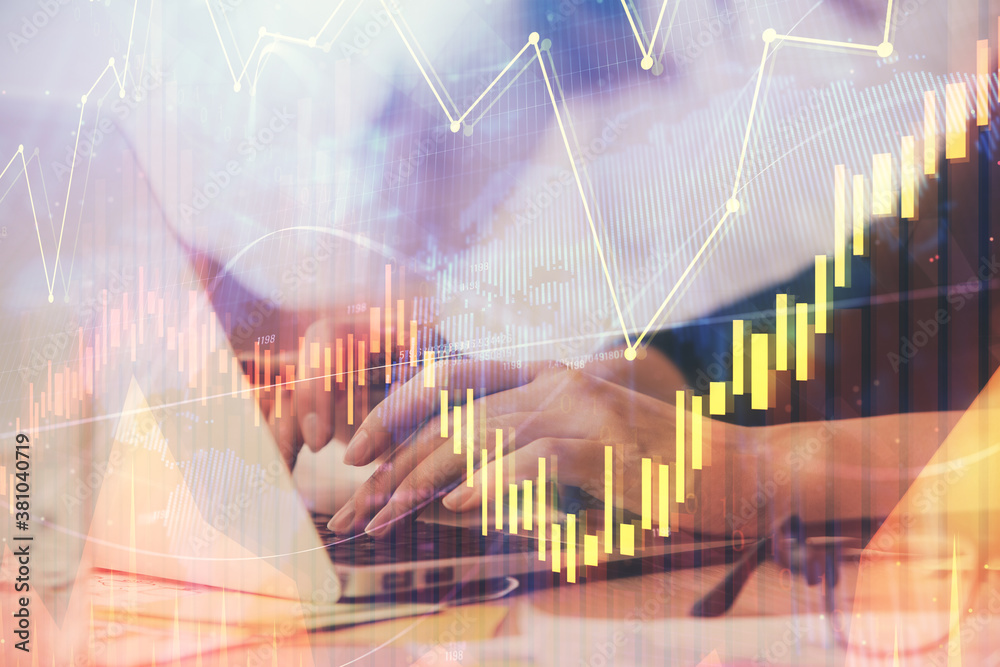 Multi exposure of woman hands typing on computer and financial graph hologram drawing. Stock market analysis concept. Multi exposure of woman hands typing on computer and financial graph hologram drawing. Stock market analysis concept.