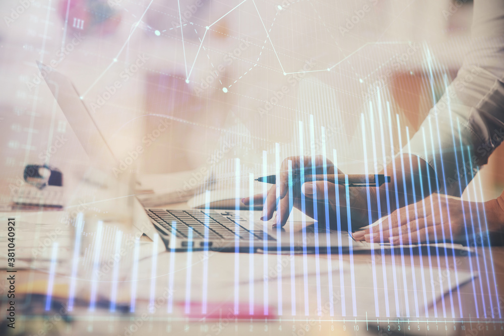 Multi exposure of woman hands typing on computer and financial chart hologram drawing. Stock market analysis concept. Multi exposure of woman hands typing on computer and financial chart hologram drawing. Stock market analysis concept.