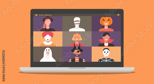 People in horror costumes on laptop computer screen discussing together or chatting with friends during video call or video conference for online Halloween party, vector flat illustration