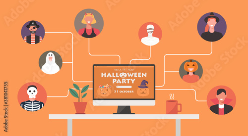 Online Halloween party concept on computer screen, people in horror costumes connecting together with video conference to celebrate festival, vector flat illustration