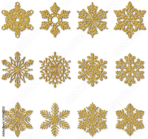 set of gold glitter snowflakes. christmas decorations