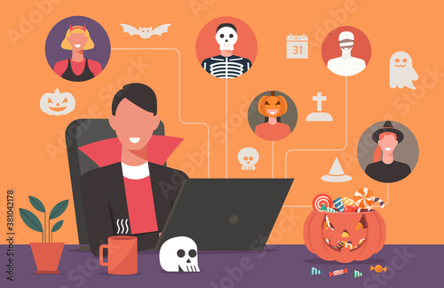 People in horror costumes connecting together online on computer to celebrate Halloween festival via video conference or video call at home with pumpkin, candy, and skull, vector flat illustration