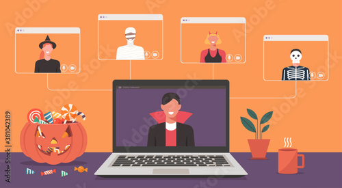 People in horror dress having video call or video conference to celebrate online holiday and Halloween party on laptop at home together with friends, vector flat illustration