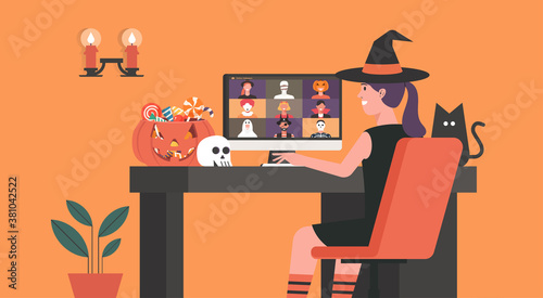 Woman in Witch dress having video call or video conference to celebrate online holiday and Halloween party on computer at home together with her friends in horror costumes, vector flat illustration