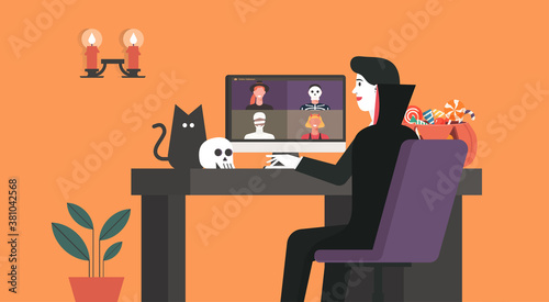 Man in Dracula costume having video call to celebrate online holiday and  Halloween party on computer at home together with his friends in horror dress, vector flat illustration