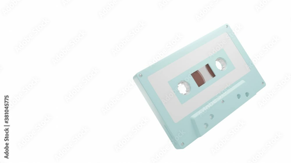 Pale blue cassette tape isolated on white text space.Loop able 3d animation. Pale blue cassette tape isolated on white text space.Loop able 3d animation.