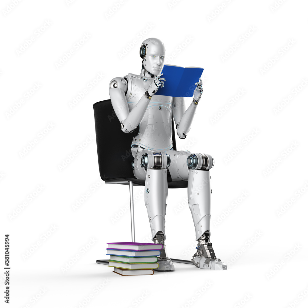 Naklejka premium cyborg with stack of books