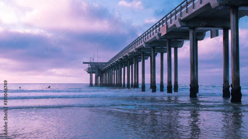 Pink and teal sunset shot at Scripps Pier.