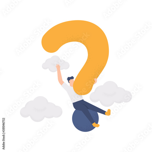 illustration of a person riding a question mark flying among the clouds. confused people. concept of FAQ or Frequently Asked Questions, help center. flat design. can be used for elements, landing page