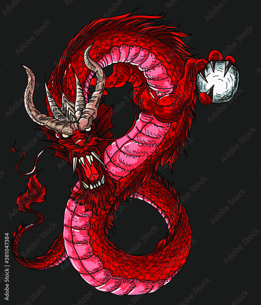 Hand drawn Red Dragon vector  old dragon for tattoo.  Traditional Asian tattoo the old dragon  is Symbol of power  Stock Vector | Adobe Stock