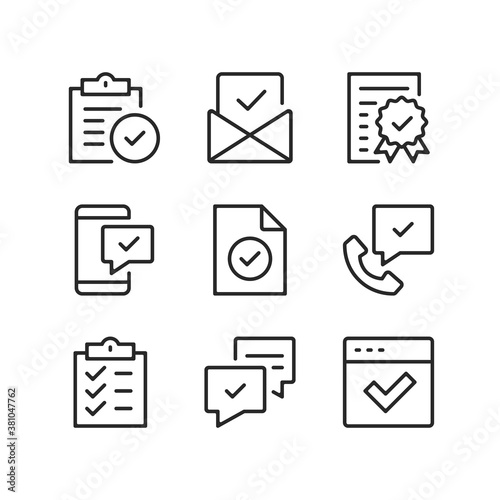 Check marks line icons. Checkmarks, approval, tick, quality control, approve concepts. Simple outline symbols, modern linear graphic elements. Thin line design. Vector icons set