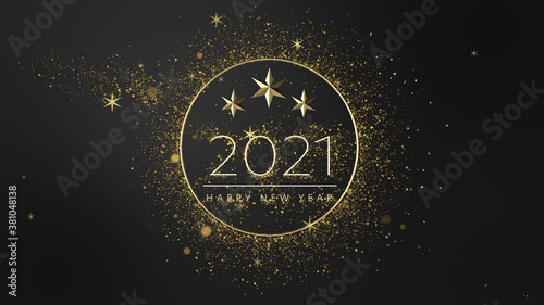 Minimalistic luxury New Year 2021 concept. Dust gold shiny glowing particles. golden luxury line border for invitation, card, sale, fashion etc. 3D rendering.