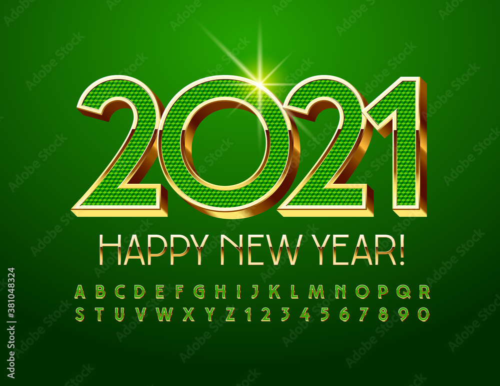 Vector chic Greeting Card Happy New Year 2021 with Gold and Green Font. 3D elegant Alphabet. Stylish Letters and Numbers