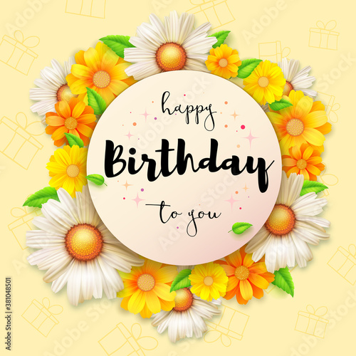 Birthday card with floral composition. Birthday greetings in handwritten style. Vector 3d illustration