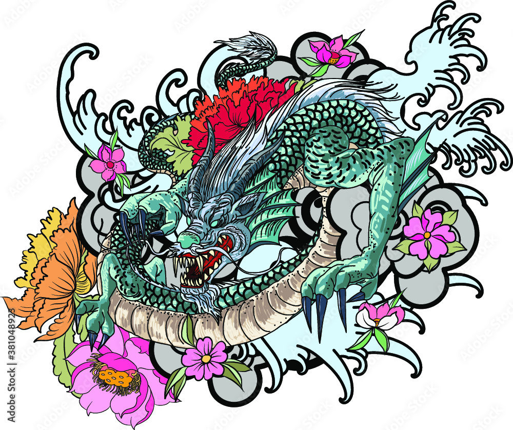 Japanese Dragon tattoo vector and hand drawn illustration.hand drawn ...