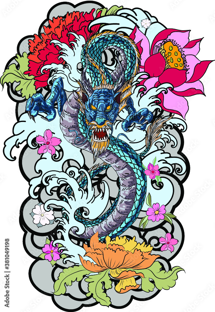 Japanese Dragon tattoo vector and hand drawn illustration.hand drawn ...