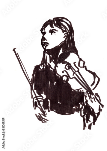 musician girl with violin, graphic black and white drawing on a white background