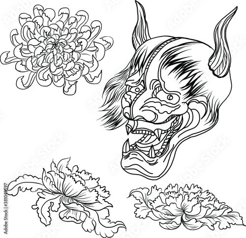 Japanese Dragon tattoo vector and  hand drawn illustration.hand drawn Japanese Hanya mask isolate vector.Line art Japanese demon mask design for tattoo.