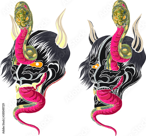 Japanese snake demon tattoo vector and  hand drawn illustration.Hand drawn Oni skull entwined by snake.japanese tattoo ; oni mask and snake tattoo.Japanese Demon mask with king cobra tattoo design.