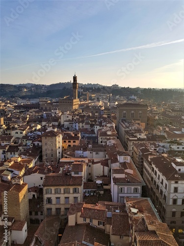 Aerial view of Florence from the cathedral. Campanario de Giotto panorama. Florence architecture.