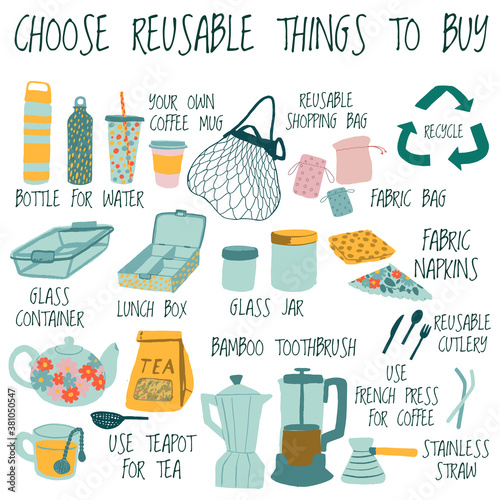 Zero Waste concept. Collection of durable and reusable items or products - eco grocery bags,glass jars, wooden toothbrush, comb, bottle, coffee mug, cloths napkins, teapot, french press, metal straw. 