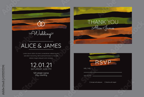 wedding invitation cards  watercolor textures and fake gold splashes for a luxurious touch
