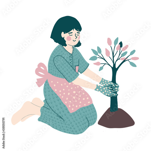 Happy girl planting tree. Young woman working in garden. Green life and reduce stress concept. Flat vector design