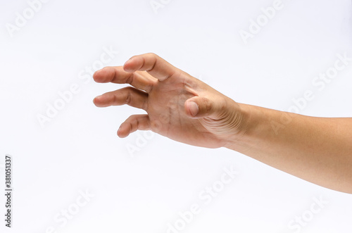 Close up of hand with hoding something. Isolated on white background.