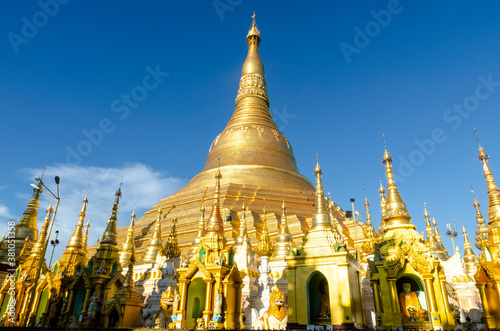 The Shwedagon Pagoda Temple  Golden Pagoda in YANGON  MYANMAR. The most famous landmark of MYANMAR. Layout for magazine  ads.