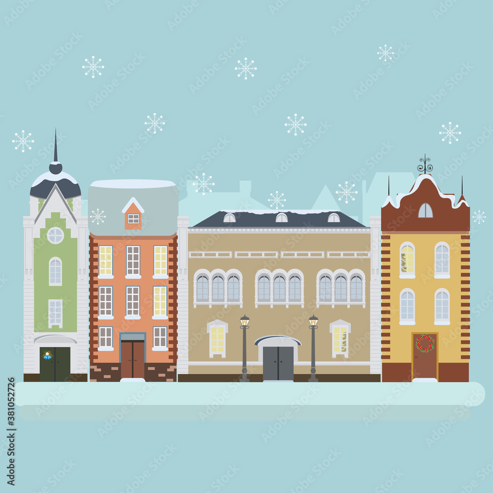 Fototapeta premium Vector illustration with bright winter, New Year's street, houses, phonories, snowflakes.