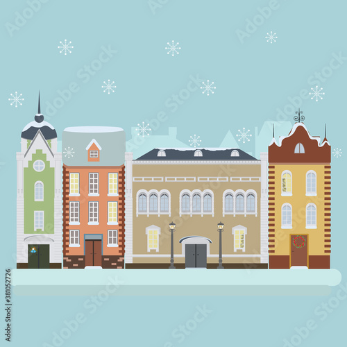 Vector illustration with bright winter, New Year's street, houses, phonories, snowflakes.