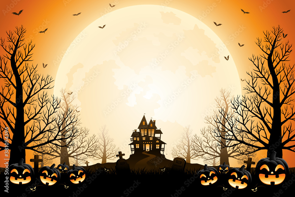 Halloween pumpkins, spooky trees and haunted house with moonlight on orange background.