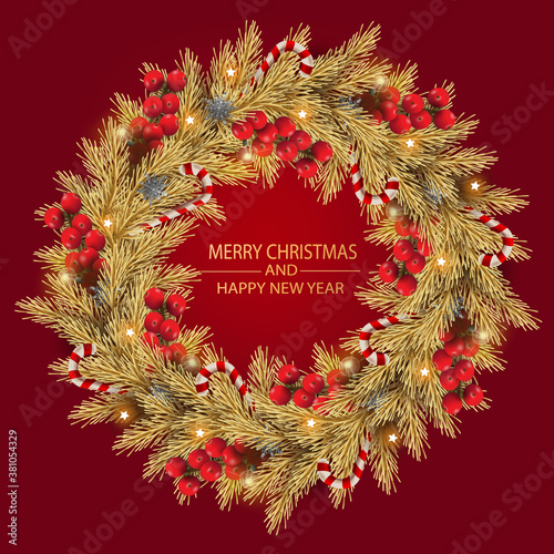 Merry Christmas and Happy New Year. Illustration of Christmas wreath made by gold tree branches and berries  candy canes and decoration on red background.   