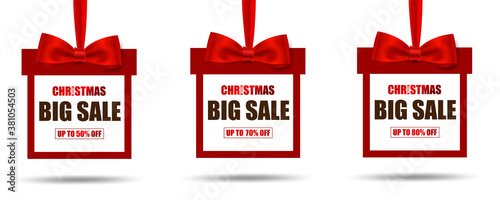 Merry Christmas and happy new year. Set of Christmas big sale stickers with bow.