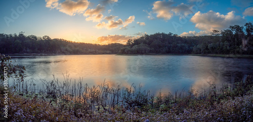 Beautiful Lakeside Sunset Panorama with Reflections
