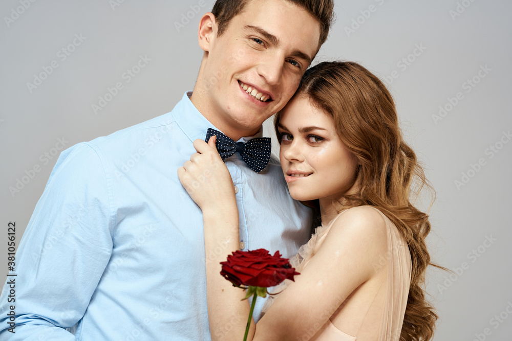beautiful couple relationship rose gift as romance hug light background beautiful couple relationship rose gift as romance hug light background