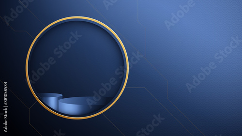 3d Dark blue circle podium display with Abstract gold geometric shape luxury concept. Vector Illustration