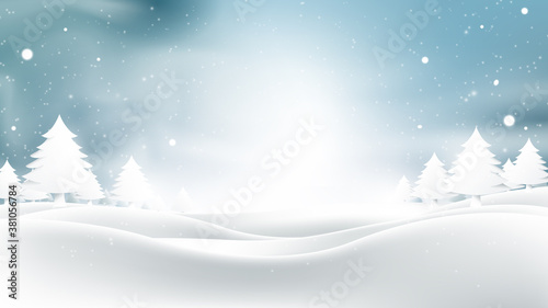Christmas and New Year. Winter landscape with falling christmas snowflakes, light, stars. Vector illustration